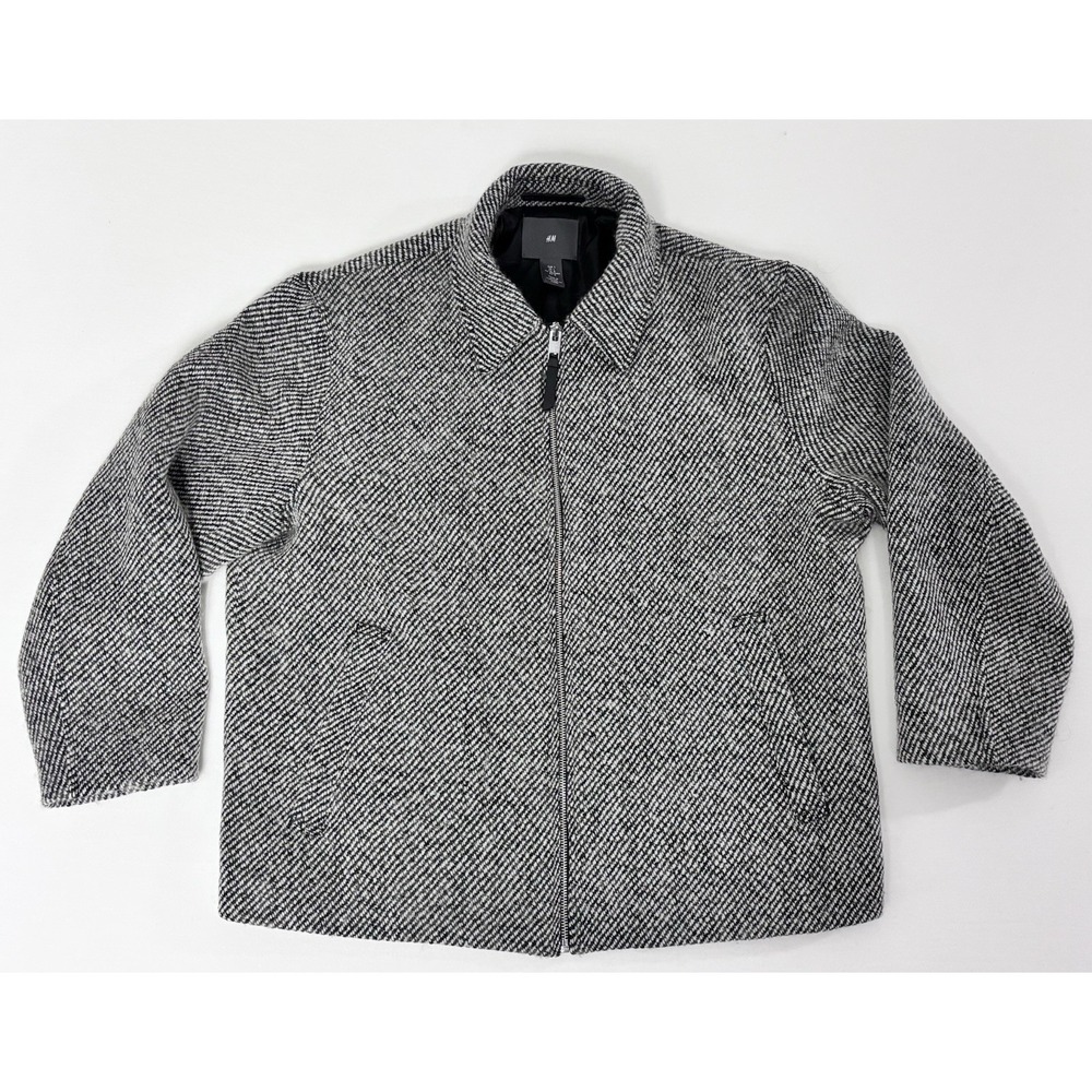 H&M Mens Wool Blend Zip Jacket‎ Large Black White Tweed Midweight Lined